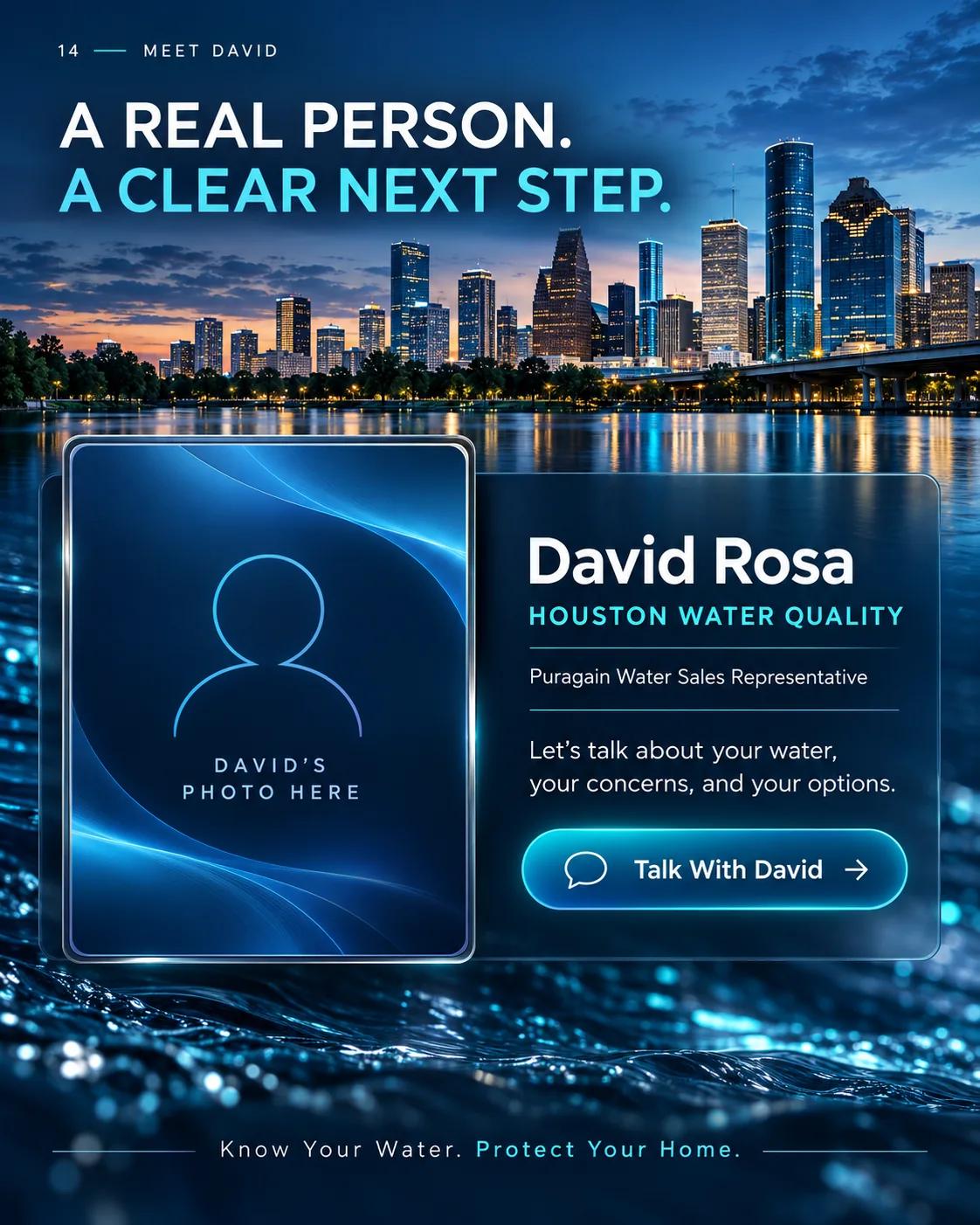Houston Water Quality founder introduction graphic with photo placeholder